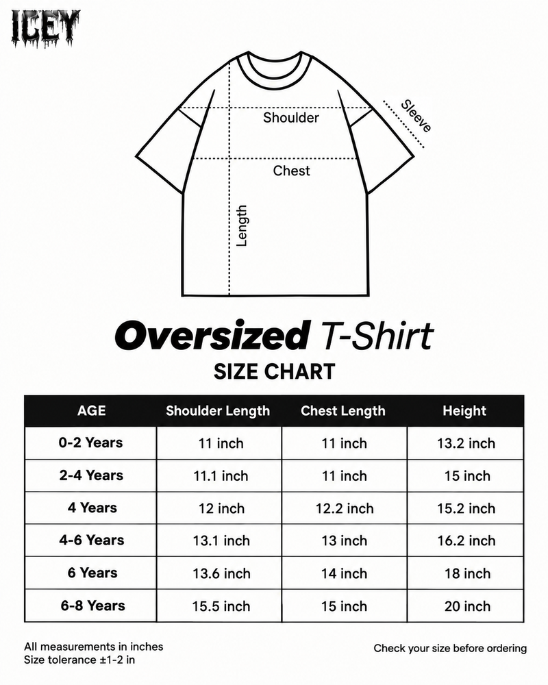 Iceydrip oversized T-shirt size chart by age — shoulder, chest and height measurements